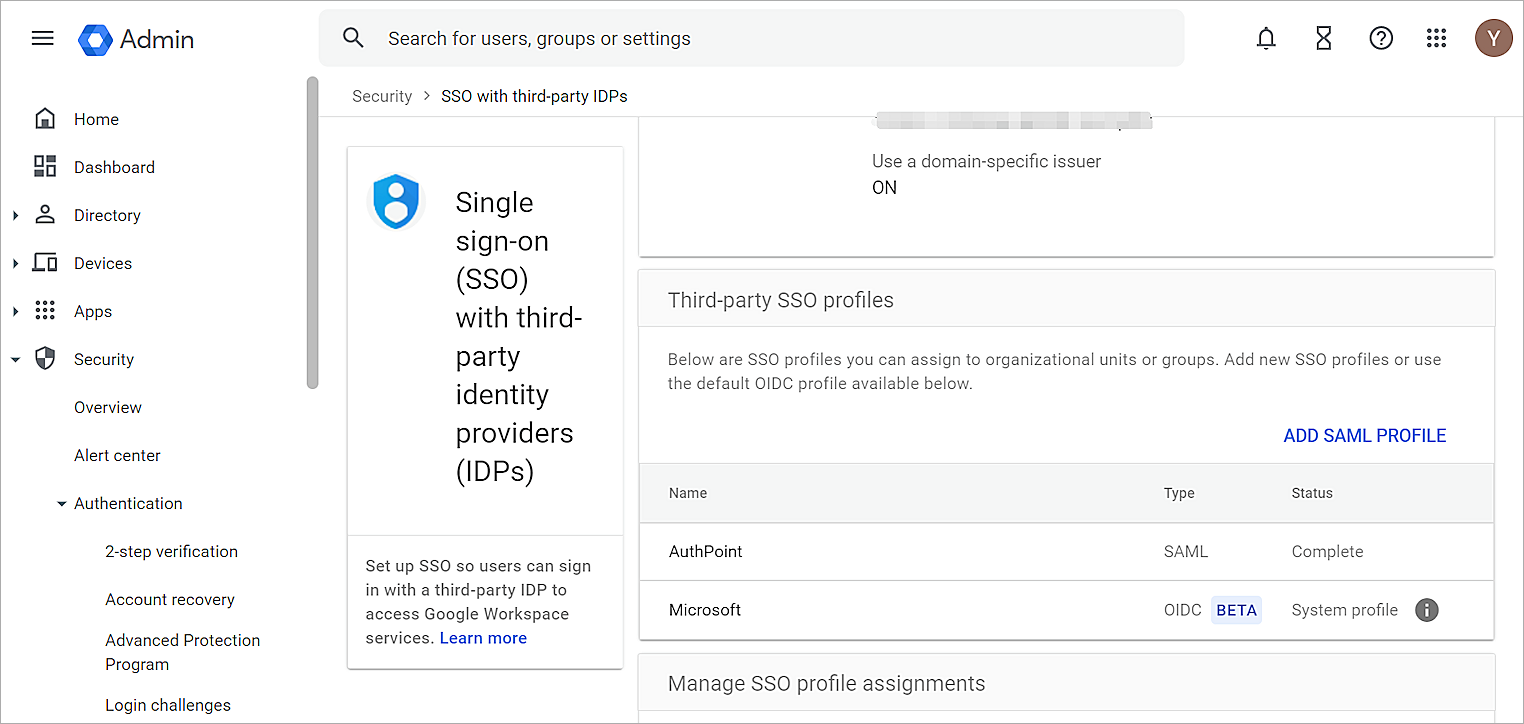 Screen shot of G suite, set up single sign-on